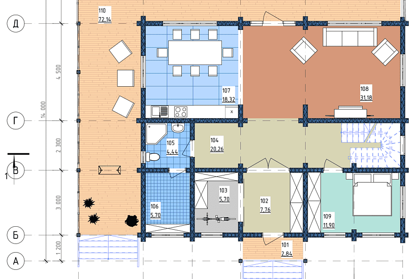 Дом-двойной брус-15000х14000мм-1,5эт-АР