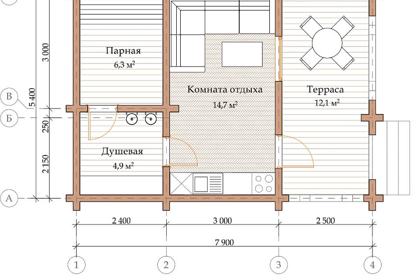 ПРОЕКТ Б-28 БАНЯ ИЗ ОЦИЛИНДРОВАННОГО БРЕВНА