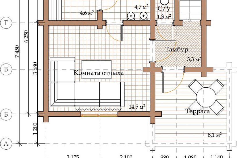 ПРОЕКТ Б-34 БАНЯ ИЗ ПРОФИЛИРОВАННОГО БРУСА