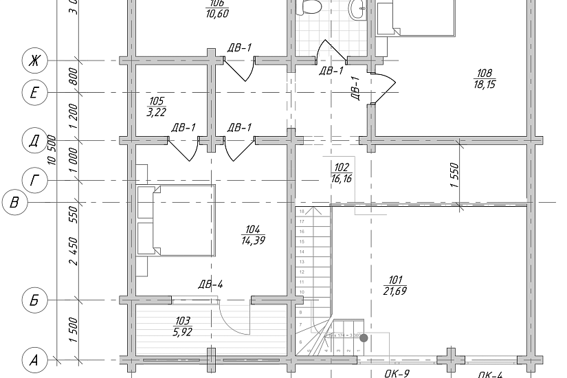 Дом-брус206х206мм-10500х10000мм-1,5эт.-АР-КР