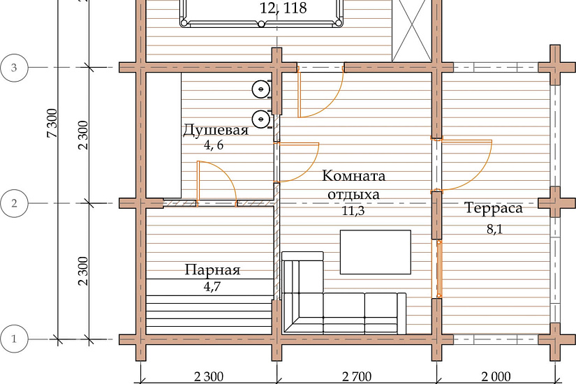 ПРОЕКТ Б-5 БАНЯ ИЗ ОЦИЛИНДРОВАННОГО БРЕВНА
