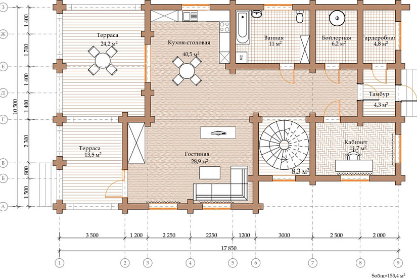 ПРОЕКТ Д-32 ДОМ ИЗ ОЦИЛИНДРОВАННОГО БРЕВНА