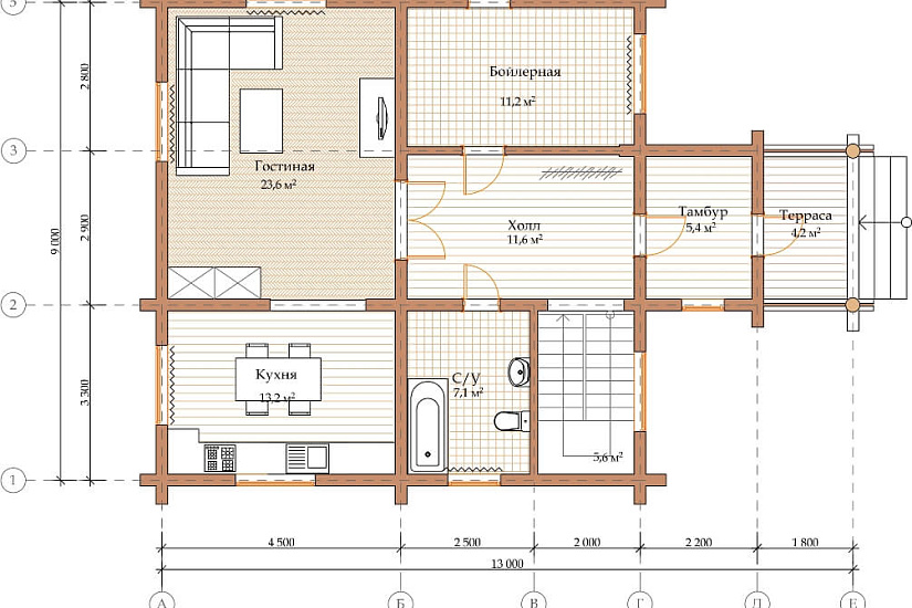ПРОЕКТ Д-5 ДОМ ИЗ ОЦИЛИНДРОВАННОГО БРЕВНА