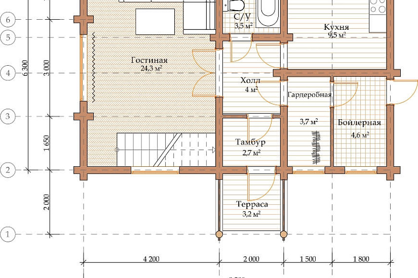ПРОЕКТ Д-3 ДОМ ИЗ ОЦИЛИНДРОВАННОГО БРЕВНА
