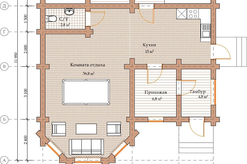 ПРОЕКТ Б-29 БАНЯ ИЗ ОЦИЛИНДРОВАННОГО БРЕВНА