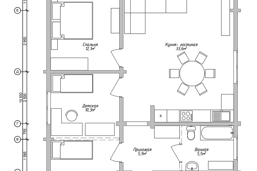 Дом-брус-1этаж-9000х10500-АР Дом-брус-1этаж-9000х10500-АР