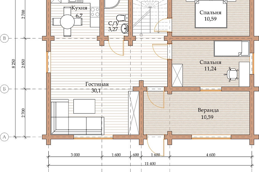 ПРОЕКТ Д-8 ДОМ ИЗ ОЦИЛИНДРОВАННОГО БРЕВНА