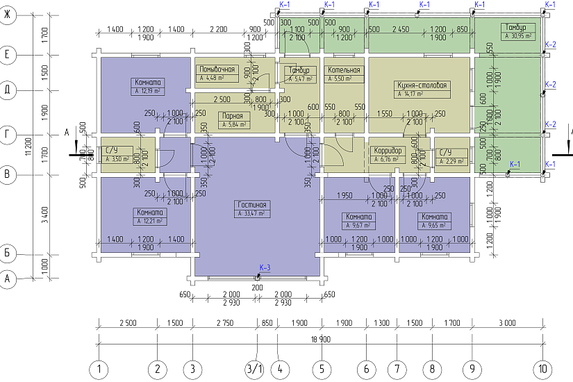 Жилой дом-брус 190х188мм-18900х11200мм-1эт-КР