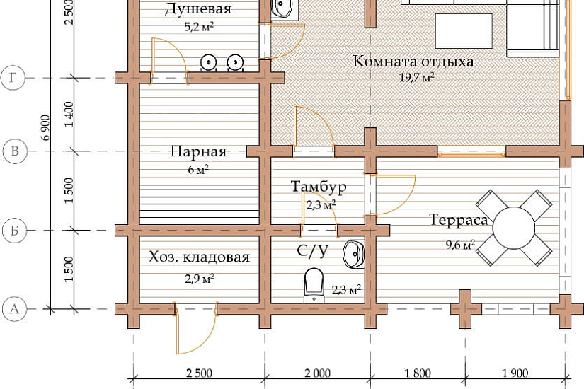 ПРОЕКТ Б-21 БАНЯ ИЗ ОЦИЛИНДРОВАННОГО БРЕВНА