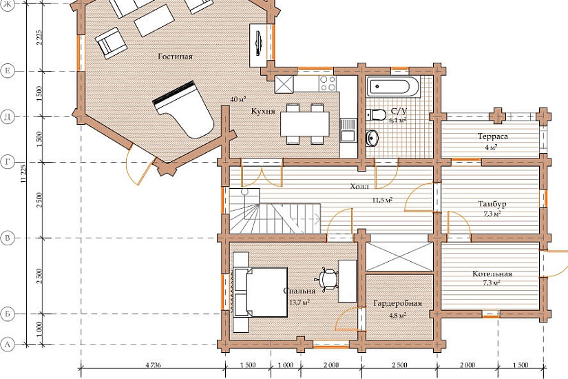 ПРОЕКТ Д-16 ДОМ ИЗ ОЦИЛИНДРОВАННОГО БРЕВНА
