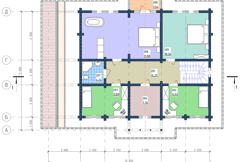 Дом-двойной брус-15000х14000мм-1,5эт-АР