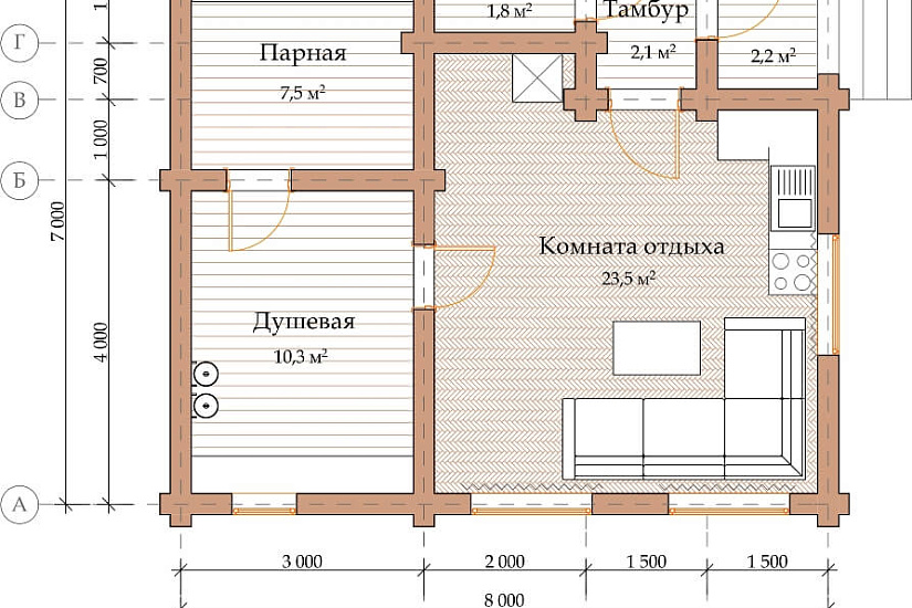ПРОЕКТ Б-27 БАНЯ ИЗ ОЦИЛИНДРОВАННОГО БРЕВНА