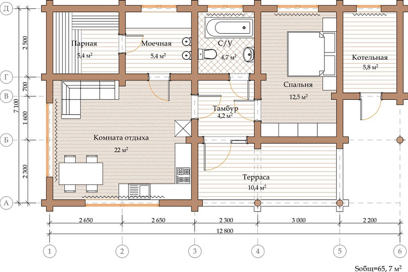 ПРОЕКТ Б-35 БАНЯ ИЗ ОЦИЛИНДРОВАННОГО БРЕВНА