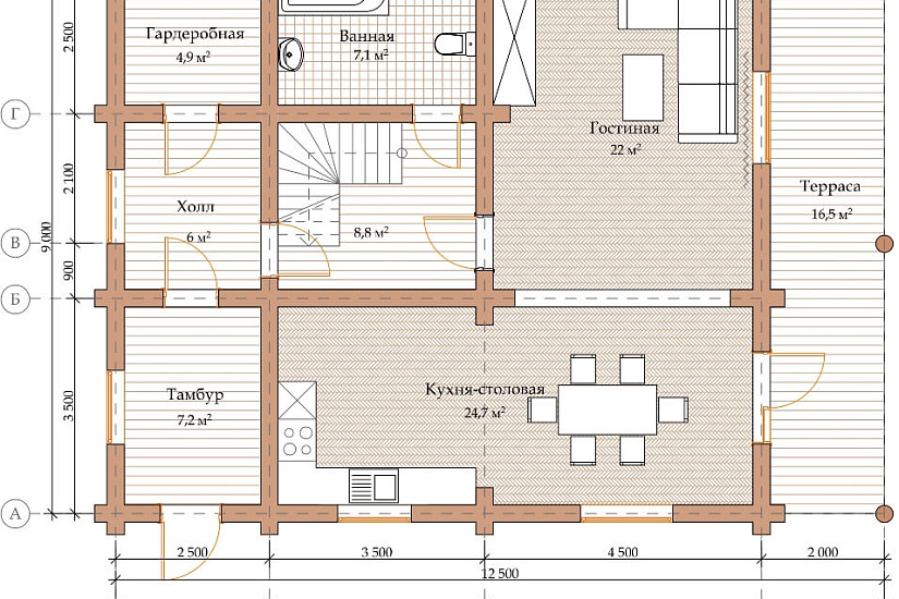 ПРОЕКТ Д-20 ДОМ ИЗ ОЦИЛИНДРОВАННОГО БРЕВНА
