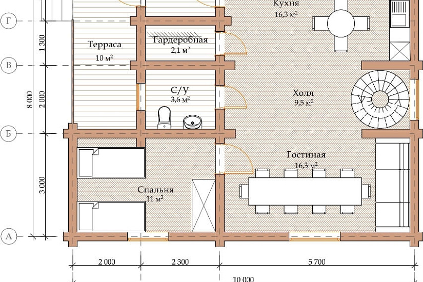 ПРОЕКТ Д-9 ДОМ ИЗ ОЦИЛИНДРОВАННОГО БРЕВНА