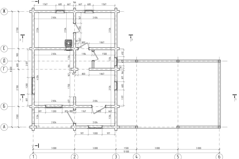 Дом-брус 166х160мм-13500х8400мм-АР-КР